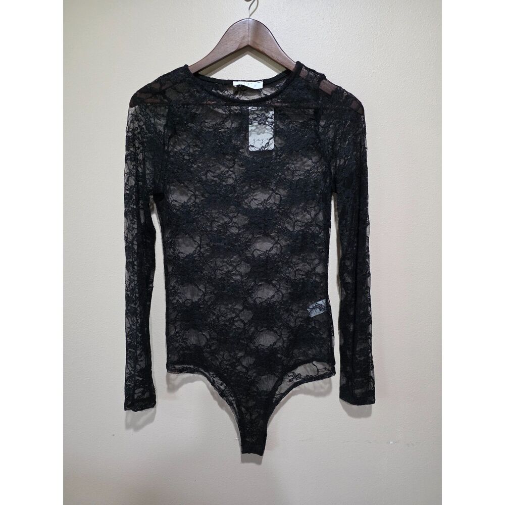 Gaze Black Sheer Lace Bodysuit L Goth Y2K Mesh Long Sleeve Top NWT Edgy Rave - Picture 2 of 9